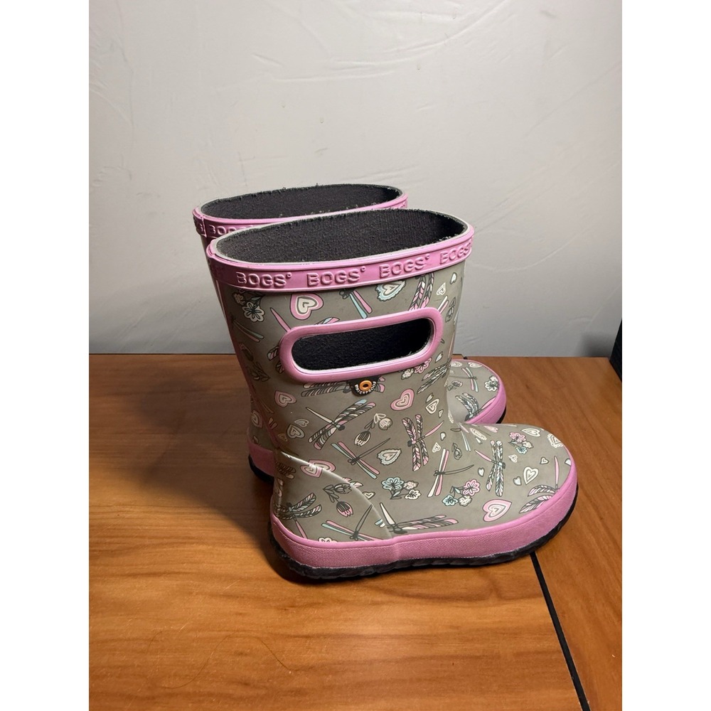 BOGS Kids Skipper Waterproof Rubber Rain Boot Girls Dragonfly Gray/Pink Size 12 - Picture 4 of 6